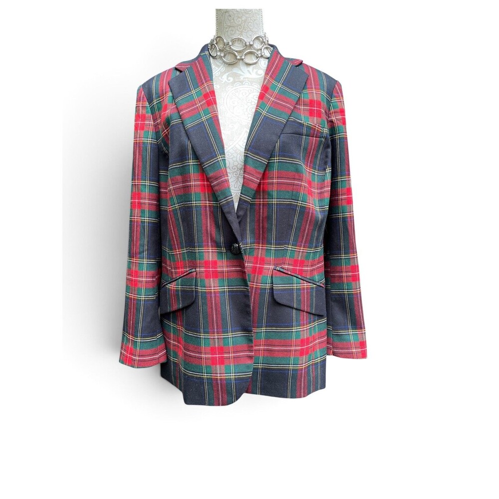 Lauren Ralph Lauren Tartan Black Red Multi Plaid Blazer 14W Preppy Wool Blend